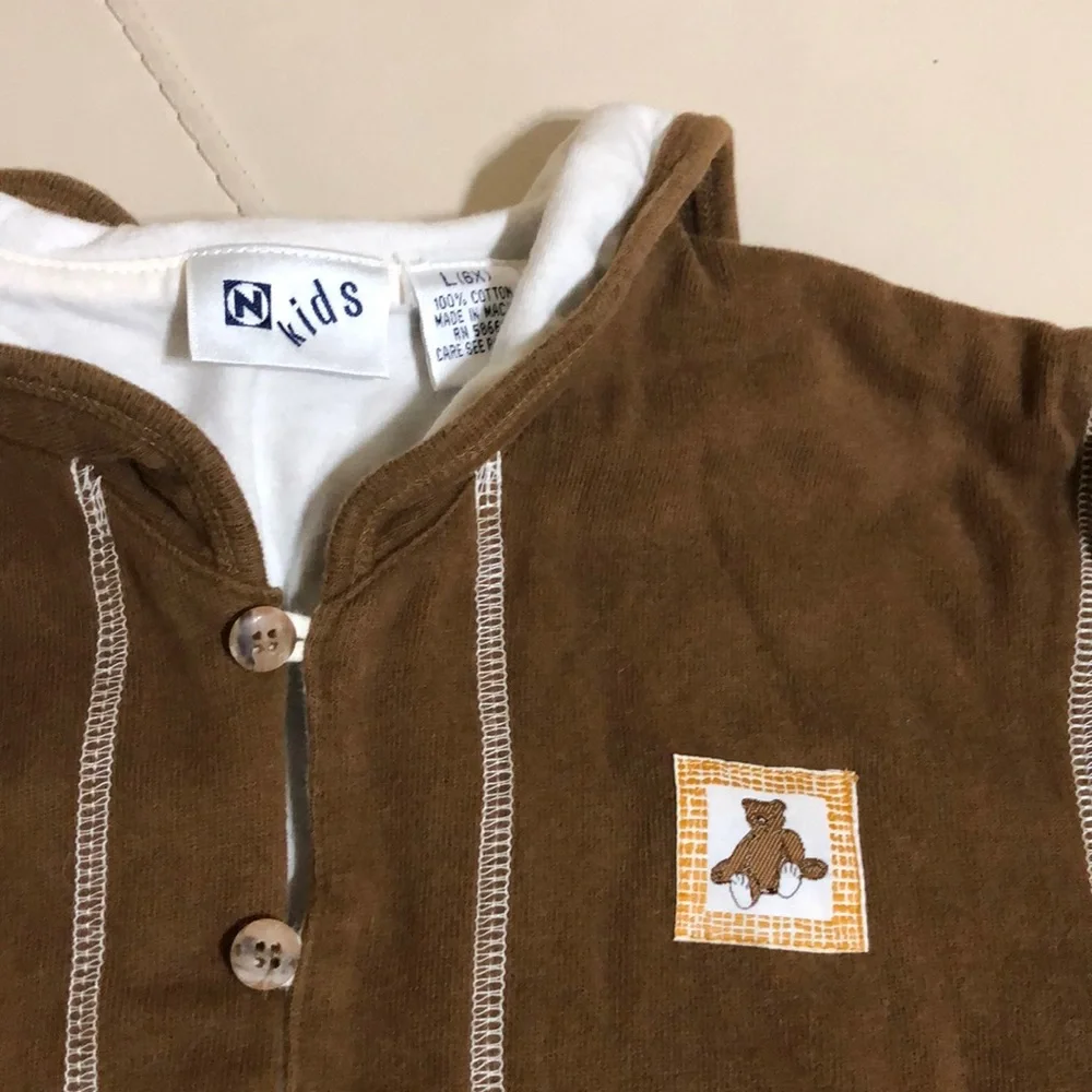 Nordstrom Kids Brown Cotton Knit Button Up Hooded Jacket Coat Embroidered Bears